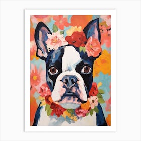 Boston Terrier Portrait With A Flower Crown, Matisse Painting Style 1 Art Print