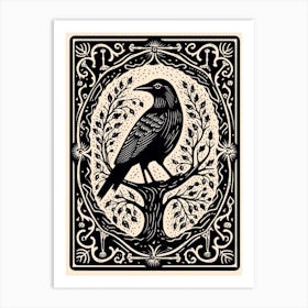 B&W Bird Linocut Raven 2 Art Print