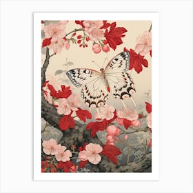 White Butterfly Red Flowers Japanese Style Painting Art Print