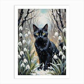 Black Cat Amongst Snowdrops - Oil and Palette Knife Painting of A Beautiful Black Cat Sitting Among the Midwinter January Flowers - Kitty, Cat Lady, Pagan, Feature Wall, Witch, Fairytale Tarot Bastet Imbolc Colorful Painting in HD 1 Art Print