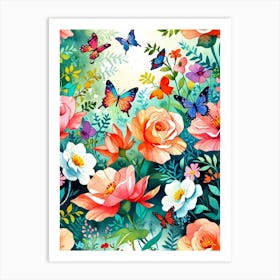 Flower And Butterflies Art Print