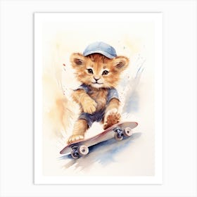 Skateboarding Watercolour Lion Art Painting 3 Art Print