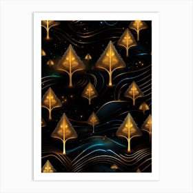 Golden Trees On A Black Background Art Print