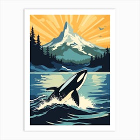 Retro Poster Style Orca Diving Out Of Ocean Art Print