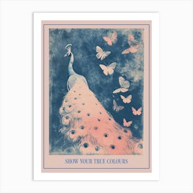 Pink & Blue Peacock Cyanotype Inspired With Butterflies 2 Poster Art Print