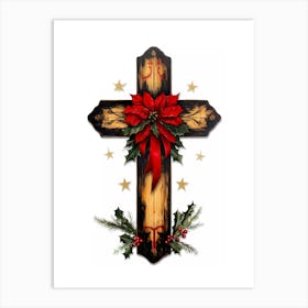 Christmas Cross With Poinsettias Art Print