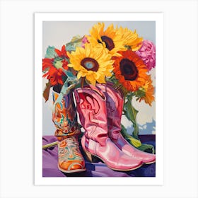 Oil Painting Of Sunflower Flowers And Cowboy Boots, Oil Style 3 Art Print