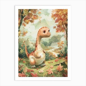 Dinosaur In The Autumn Leaves Storybook Style 2 Art Print