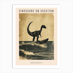 Vintage Diplodocus Dinosaur On A Surf Board 1 Poster Art Print