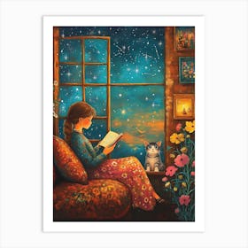 Girl Reading Book with Her Cat 1 Art Print