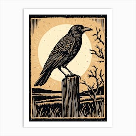 B&W Bird Linocut Crow 1 Art Print