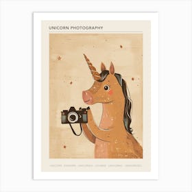 Unicorn Taking A Photo On An Analogue Camera Beige Watercolour Poster Art Print