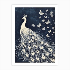 Cream & Navy Blue Peacock With Butterflies Linocut Inspired  1 Art Print