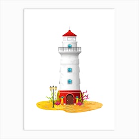 Sea lighthouse. Beach lighthouse. Summer season. Art Print