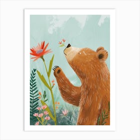 Brown Bear Sniffing A Flower Storybook Illustration 2 Art Print
