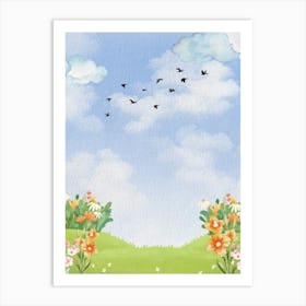 Flowers And Birds In The Sky Watercolor Art Print