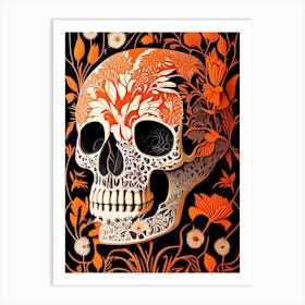 Skull With Floral Patterns 2 Orange Linocut Art Print