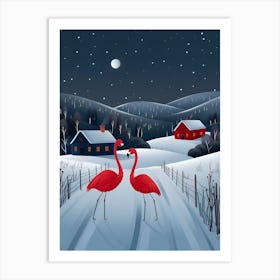 Red Flamingos In Winter Art Print