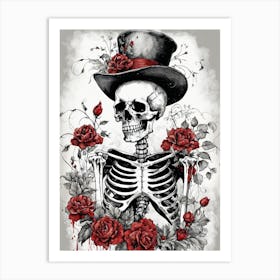 Floral Skeleton With Hat Ink Painting (1) Art Print