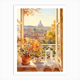 Window View Of Rome Italy In Autumn Fall, Watercolour 4 Art Print