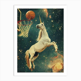 Unicorn In Space Playing Basketball Retro 2 Art Print