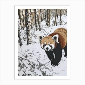 Red Panda Walking Through A Snow Covered Forest Ink Illustration 2 Art Print