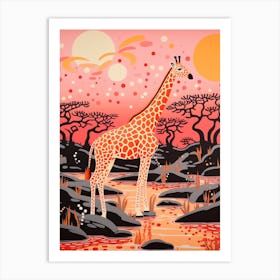 Giraffe In The River At Sunrise 1 Art Print
