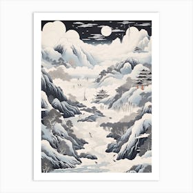 The Japanese Alps In Multiple Prefectures, Ukiyo E Black And White Line Art Drawing 1 Art Print