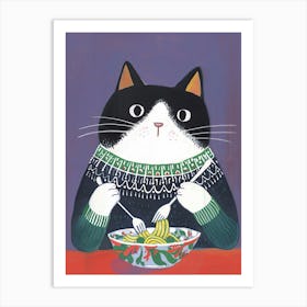 Black And White Cat Eating Pizza Folk Illustration 6 Art Print