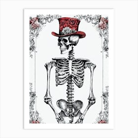 Floral Skeleton With Hat Ink Painting (67) Art Print