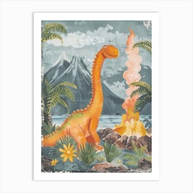Dinosaur & A Bonfire Storybook Painting Art Print