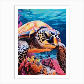 Vivid Turtle In Ocean With Coral & Plants 3 Art Print