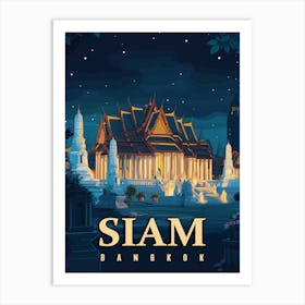 Vintage Siam Bangkok Temples Travel Poster Art Print