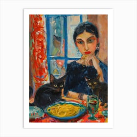 Portrait Of An Italian Woman With Cats Eating Pasta Art Print