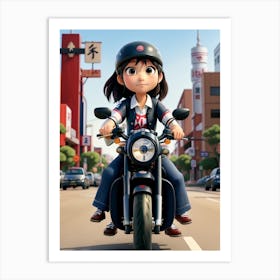 3d Animation Style One Japanese Girl Rides A Motorcycle Throug 2 Art Print