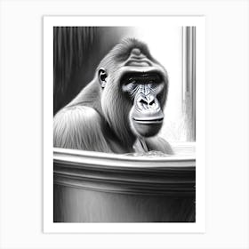 Gorilla In Bath Tub Gorillas Greyscale Sketch 2 Art Print