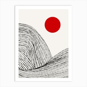 Zen Waves on Red Sun – Minimal Abstract Black & White Japandi (1/2) Art Print