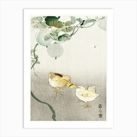 Two Chicks Fighting For A Butterfly (1900 1910), Ohara Koson Art Print