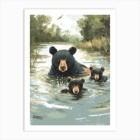 American Black Bear Family Swimming In A River Storybook Illustration 4 Art Print