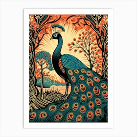 Vintage Bird Linocut Peacock 2 Art Print