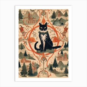 Regal Black & White Cat With Medieval Map Art Print