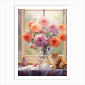 Cat With Chrysanthemum Flowers Watercolor Mothers Day Valentines 1 Art Print