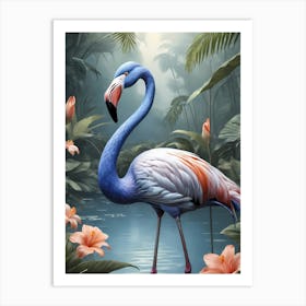 Floral Blue Flamingo Painting (30) Art Print