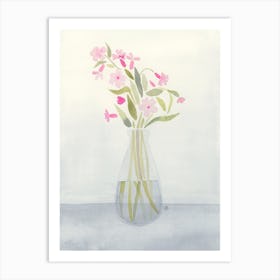 watercolor painting floral flower pink grey gray light vase nature hand painted vertical living room bedroom kitchen bathroom office art hotel Art Print