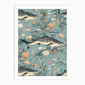 Pastel Carpet Shark Watercolour Seascape Pattern 2 Art Print