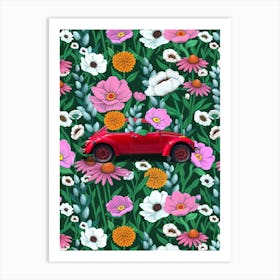 Floral Vintage Red Car Art Print