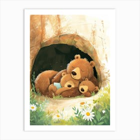 Brown Bear Family Sleeping In A Cave Storybook Illustration 3 Art Print