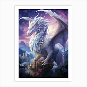 White Dragon Flying Over Landscape Under Full Moon 1 Art Print