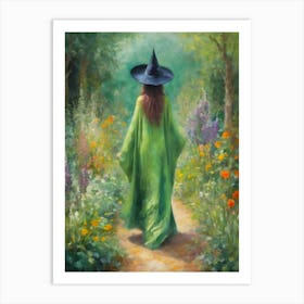 A Green Witch Walking Through Monet's Garden in Spring | Early Summer Flowers Magical Landscape Witchy Art Print | Pagan Litha Lammas Wicca Witchcraft Art Print