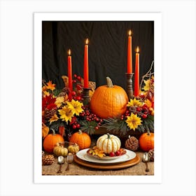 Autumn Harvest Table Centerpiece Overflowing With Gourds And Pumpkins Surrounded By Red And Gold C (1) 2 Art Print